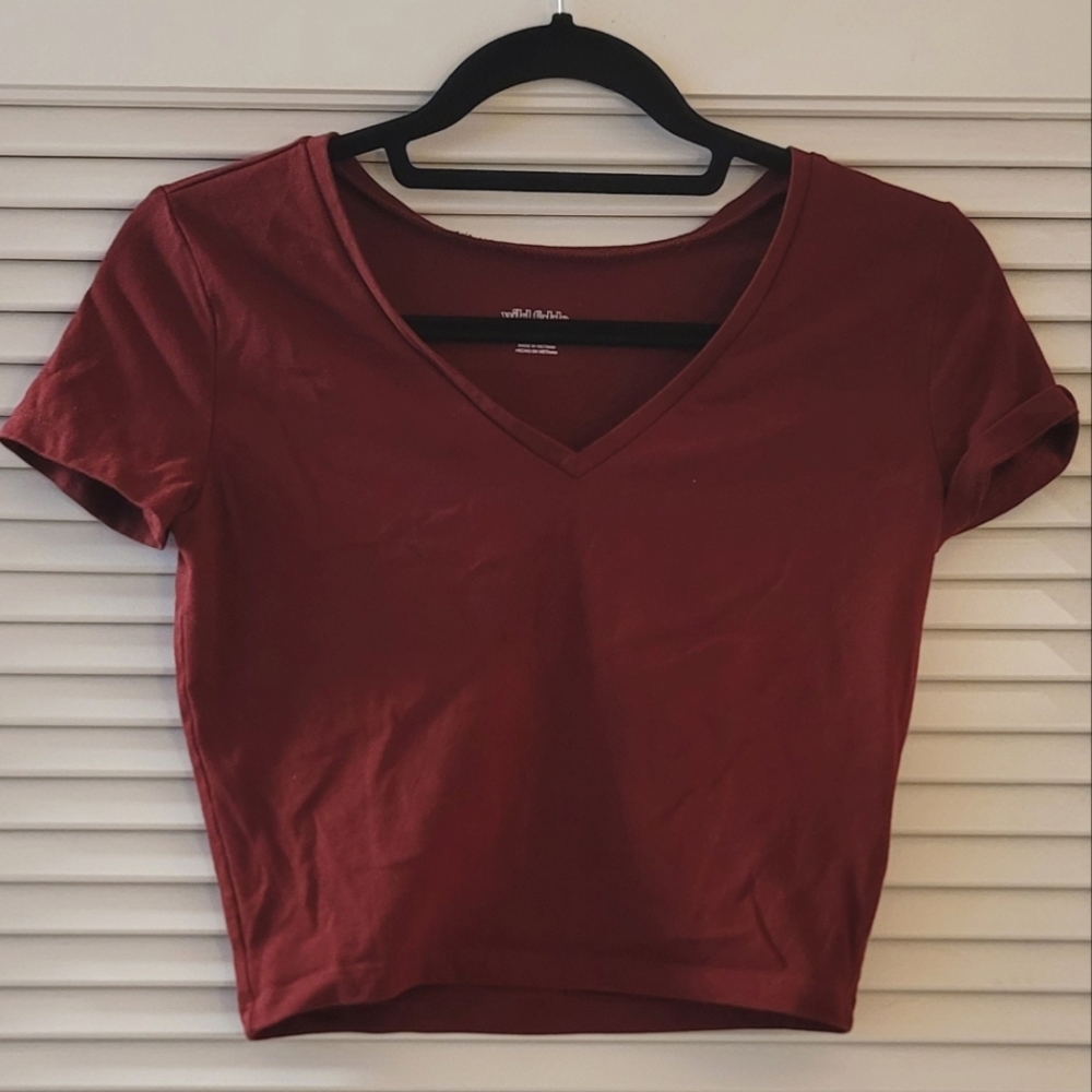 Wild Fable - Burgundy V-Neck Short-Sleeve Crop Top